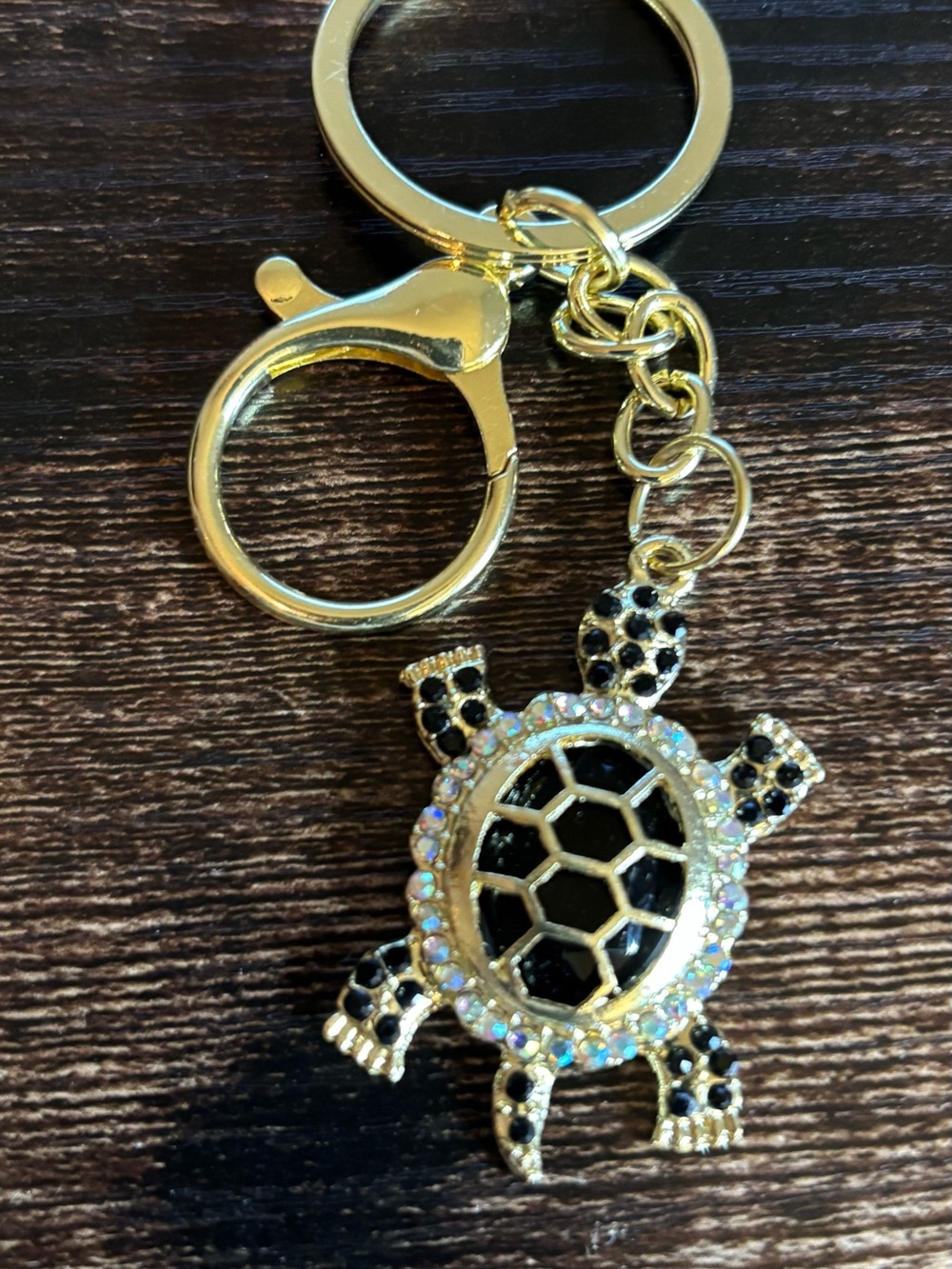 Gold-Tone Black Turtle Keychain with Crystal Rhinestone Accents